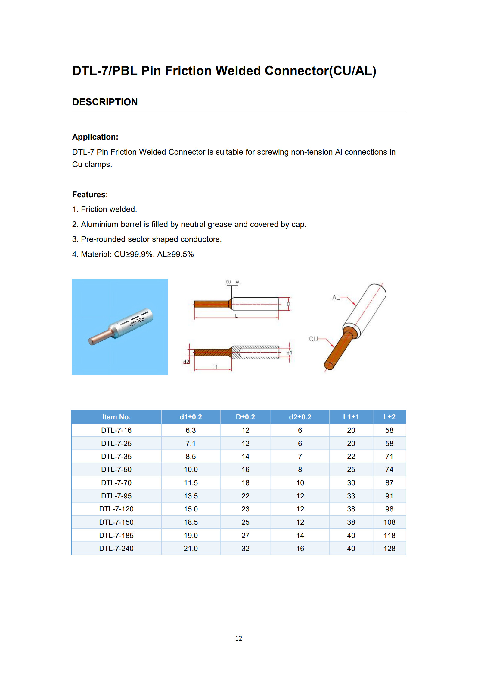 DTL-7(PBL) Bimetal Cable Lugs detail 1